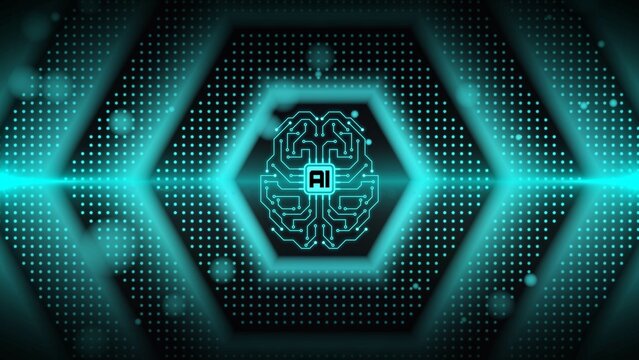 AI Electronic Brain with Artificial Intelligence symbol - hexagonal design background as hi-technology concept - 3D Illustration