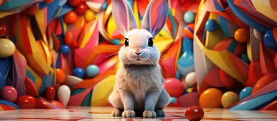 Gordijnen Vibrant Bunny Freed from Golden Easter Egg Amid Bold Geometric Pop Art Inspired Environment © Sittichok