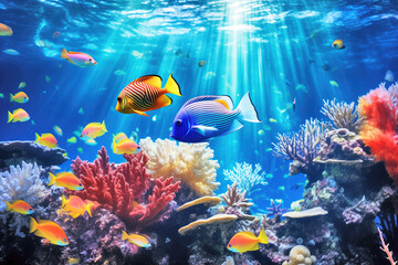 Fototapeta na wymiar Vibrant Underwater Ecosystem with Colorful Fish and Coral