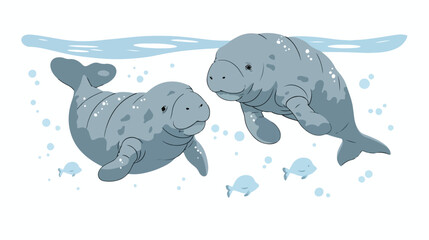 Mom and baby manatee Mothers day card  flat vector 