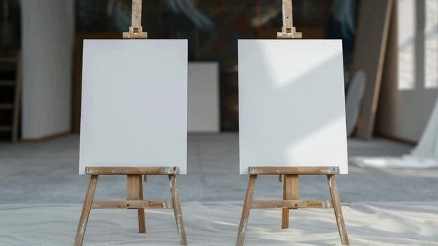 Two easel with white empty blank canvas in bright minimalistic interior of exhibition hall, studio or artist workshop. Front view. Mockup for artwork image, paint on canvas, creative space.