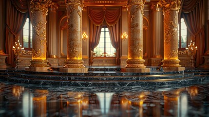 Ornate Golden Columns in Luxurious Palace with Marble Steps - obrazy, fototapety, plakaty