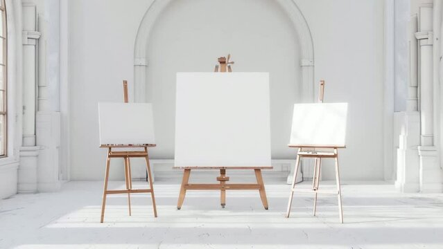 Three easels with white empty blank canvas in bright minimalistic interior of exhibition hall, studio or artist workshop. Front view. Mock up for artwork image, paint on canvas, creative space.