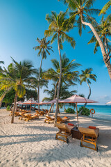 Tourism holiday landscape. Luxury beach resort hotel poolside and beach chairs or loungers under umbrellas with palm trees, blue sea sunny sky. Summer island seaside travel tourism vacation background