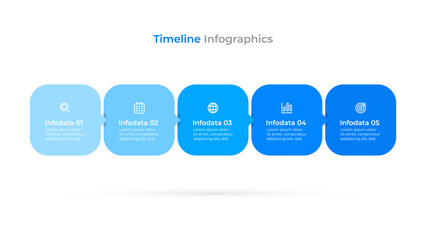 Five blue squares connected in an infographic concept with marketing icons and 5 options or steps. Vector illustration.