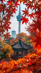 Autumn's embrace at Namsan Tower and pavilion, a canvas of fall colors in the heart of Seoul
