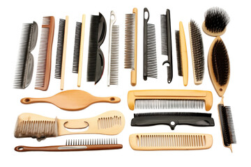 Assorted Hair Brushes and Combs Collection. On a White or Clear Surface PNG Transparent Background.