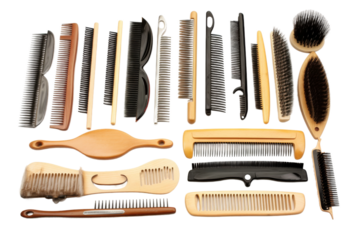 Assorted Hair Brushes and Combs Collection. On a White or Clear Surface PNG Transparent Background.