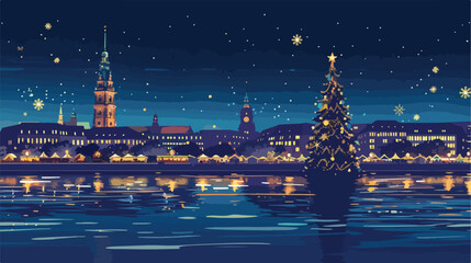 Night view of Binnenalster lake and Christmas market - obrazy, fototapety, plakaty