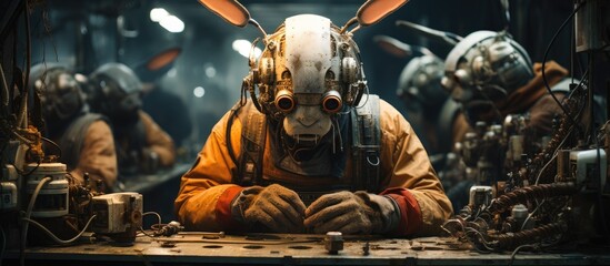 Anthropomorphized Robot Rabbits Assemble and Adapt in an Industrial Gothic Workspace - obrazy, fototapety, plakaty