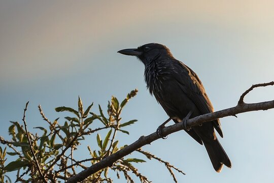 A black bird sitting on a branch of a tree and sky in background blur