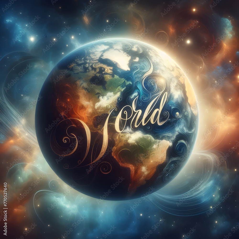Poster hand lettering world with earth planet in the space. 3d rendering generated by ai