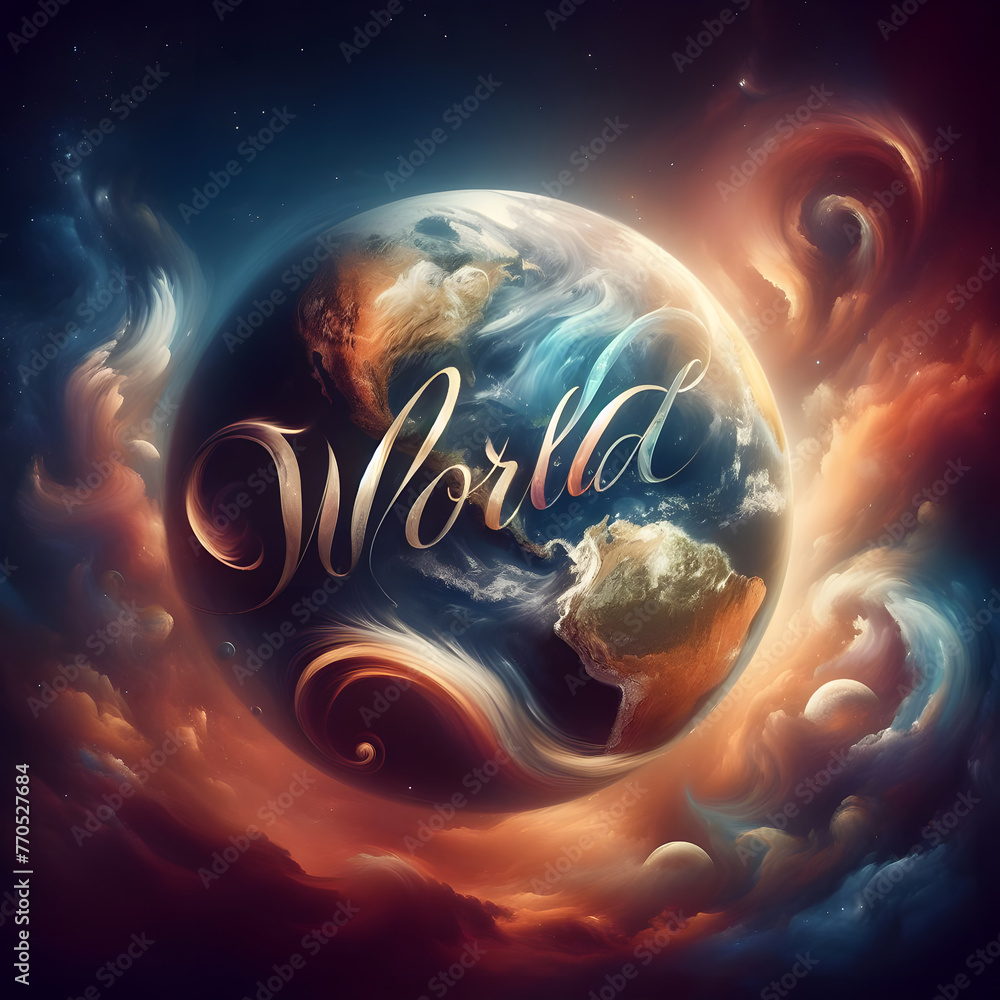 Poster hand lettering world with earth planet in the space. 3d rendering generated by ai