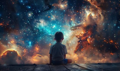 Young boy kid astronomer at a night of stargazing. He gazes galaxies and constellations, expanding...
