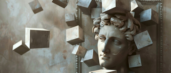 A surreal sculpture with floating cubes surrounding a classic bust, merging antiquity and modernity.