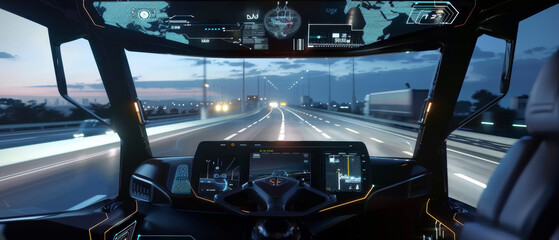 Futuristic car dashboard with advanced digital interface during a high-speed night drive on a highway.