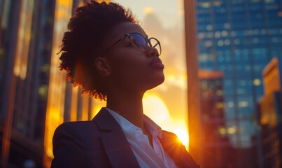 Happy wealthy rich successful black businesswoman standing in big city modern skyscrapers street on sunset thinking of successful vision, dreaming of new investment, Generative AI - obrazy, fototapety, plakaty