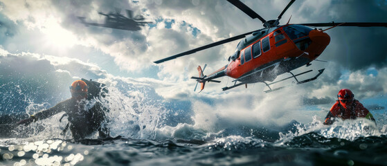 Dramatic rescue operation with a helicopter hover above ocean as divers plunge into turbulent waters. - obrazy, fototapety, plakaty