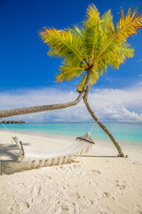 Tropical tourism beach background as summer landscape. Leisure swing or hammock and white sand and calm sea coast. Perfect beachfront scene vacation and summer holiday. Sunny carefree inspire island