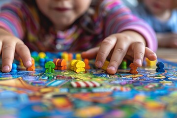 Close-up of hands of a kids playing a board game, Generative AI