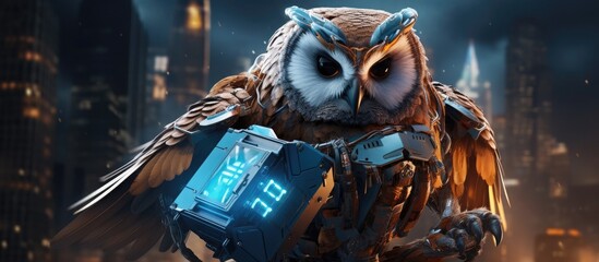A Robotic Owl Courier Clutching a Package in a Futuristic City Landscape