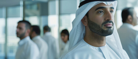A group of men in traditional Emirati attire engage in thoughtful discussion.