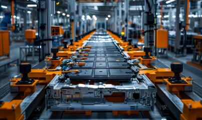 Mass production assembly line of electric car battery cells in a busy factory, Generative AI - obrazy, fototapety, plakaty