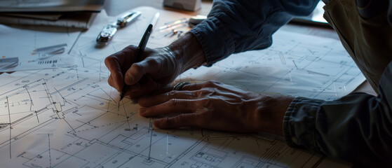 An architect’s hands carefully drafting a blueprint under a moody, illuminated ambience.