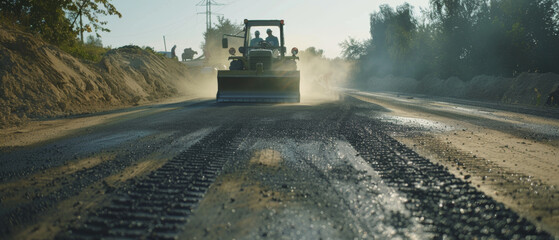 Fresh asphalt is leveled and compacted on a road under construction in the warm morning light. - obrazy, fototapety, plakaty
