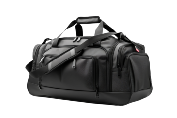 Black Duffel Bag on White Background. On a White or Clear Surface PNG Transparent Background.