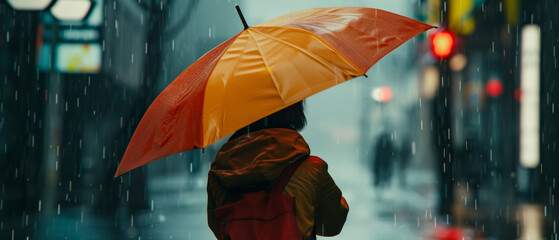 A solitary figure with a bright umbrella walking in a somber city rain, evoking solitude.