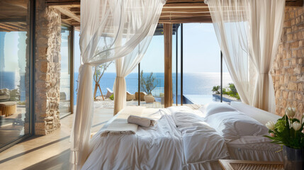 A serene and luxurious bedroom with an open view to the ocean and flowing white curtains implying a...
