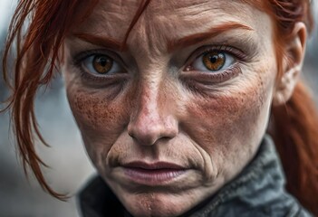 50 year old redhead woman with brown shiny eyes, red hair  deeply depressed expression. - obrazy, fototapety, plakaty