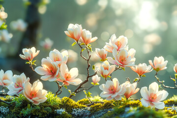 Ethereal magnolia flowers bloom on delicate branches against beautiful spring garden