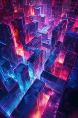 Puzzle of existence, vibrant 3D labyrinth, neon maze adventure, top-down view