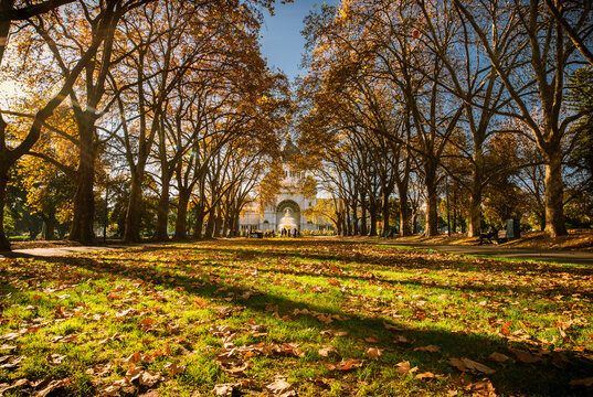 The autumn scene of the Carlton Garden and Royal Exhibition Building in Melbourne