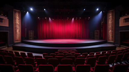 A dark empty movie theater or theater, the stage with red curtains pulled back.