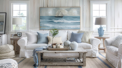 This coastal inspired living room features soft blues and whites, nautical decor, and an ocean painting, embodying a calm seascape retreat