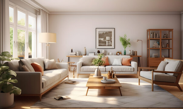 Living room interior with blue sofa and coffee table. 3d render