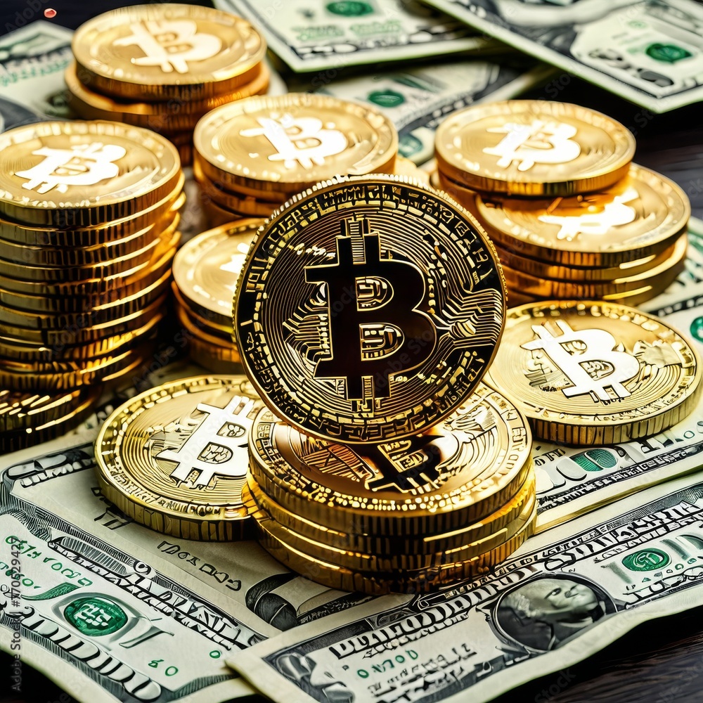 Aufkleber this compelling image juxtaposes the gleaming surface of bitcoins against the printed texture of us 