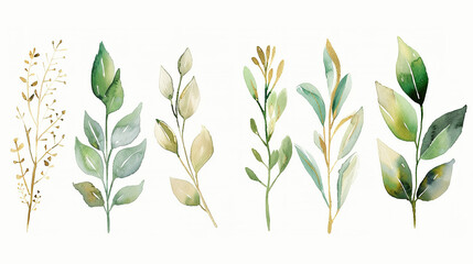 Watercolor eucalyptus leaves set illustration, soft green and gold tones on white background, botanical painting - obrazy, fototapety, plakaty