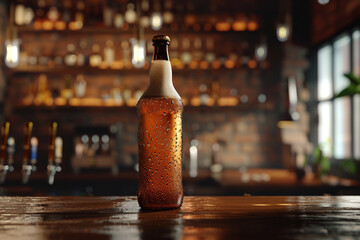 A photorealistic 3D render of a craft beer bottle with condensation, set in a bar environment with soft lighting