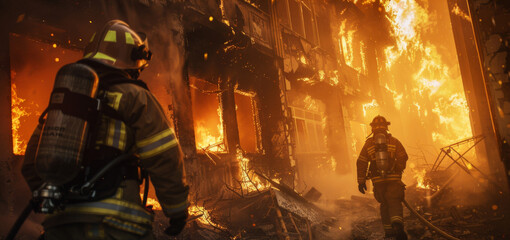 Firefighters rushing into burning building, fighting blaze. Inferno. Blaze. Heroic. Hero. Firemen. Rescue. Emergency. 