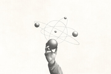 illustration of hand holding sphere that represents planets activities, science surreal concept
