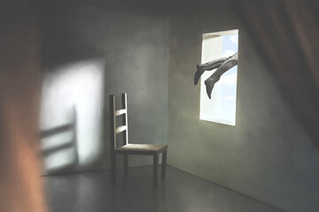 illustration of man flying out of a window, surreal concept