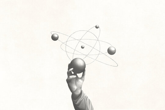 illustration of hand holding sphere that represents planets activities, science surreal concept
