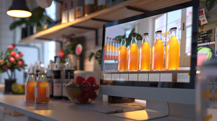 Cafeteria online sales concept,. cafeteria with PC screen where you can buy products and orange juice online.