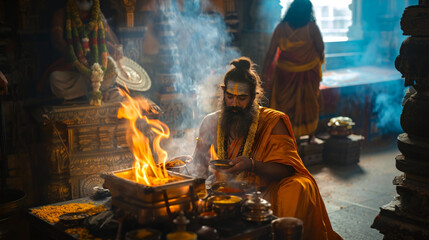 A priest performing puja inside a hindu temple.