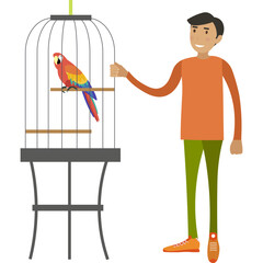 Man buying parrot at zoo shop vector icon isolated on white