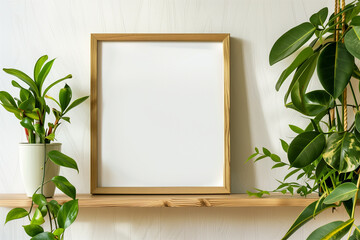 Empty wooden frame on a shelf with green plant ideal for mockups. - obrazy, fototapety, plakaty